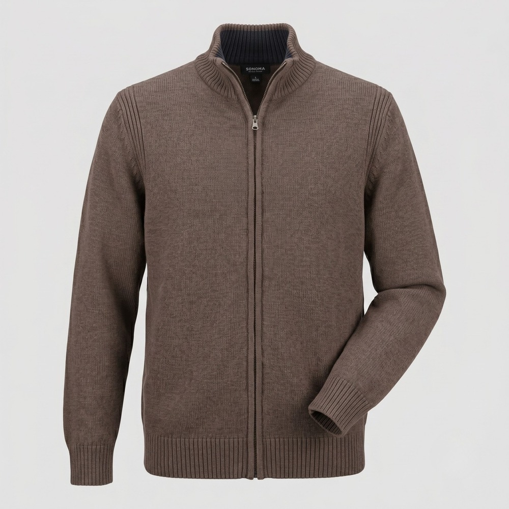 Sonoma Mens XL Brown Sweater Full Zip Cardigan‎ Mock Neck Cotton Blend Ribbed